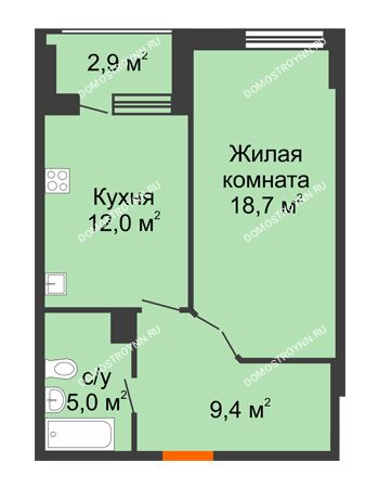 1 комнатная квартира 46,55 м² в ЖК Квартет, дом № 3