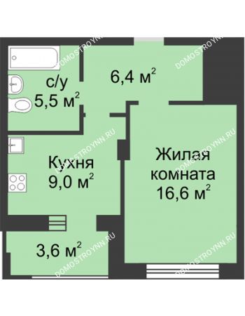 1 комнатная квартира 39,3 м² в ЖК Аквамарин, дом №2