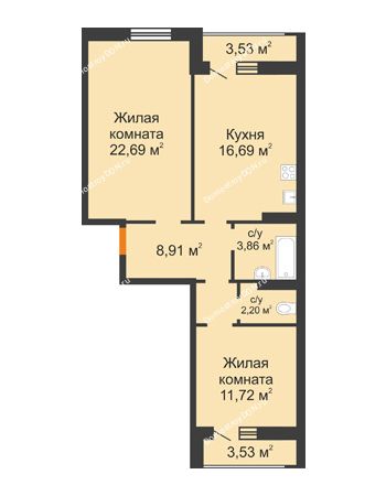2 комнатная квартира 69,59 м² в ЖК Суворовский, дом Литер 1, Участок 120