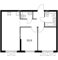2 комнатная квартира 50,9 м² в ЖК Савин парк, дом корпус 6 - планировка