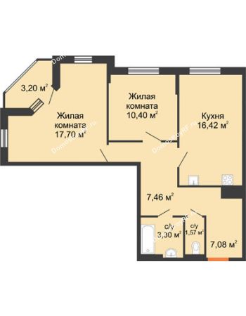 2 комнатная квартира 66,93 м² в ЖК Рассвет, дом № 3