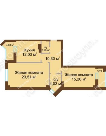 2 комнатная квартира 70,78 м² - ЖК Грани