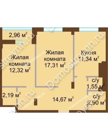 2 комнатная квартира 62,28 м² в ЖК Сердце Нижнего, дом № 36