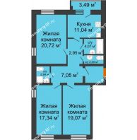 3 комнатная квартира 91,6 м² в ЖК Браер Парк Центр, дом № 4 - планировка