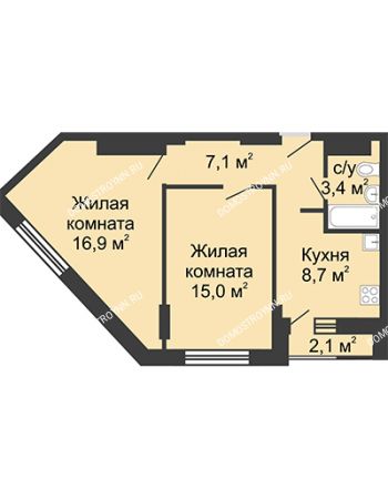 2 комнатная квартира 51,1 м² - ЖД по ул. Сазанова