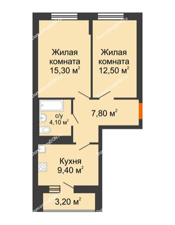 2 комнатная квартира 50,7 м² в ЖК Новая Пальмира, дом № 65