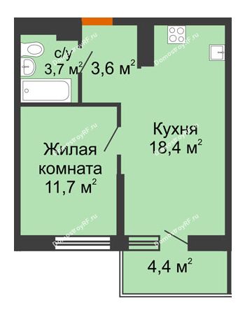 1 комнатная квартира 37,4 м² в ЖК Отражение, дом Литер 1.2