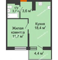 1 комнатная квартира 37,4 м² в ЖК Отражение, дом Литер 1.2 - планировка
