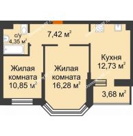 2 комнатная квартира 53,57 м² в ЖК Светлоград, дом Литер 16 - планировка