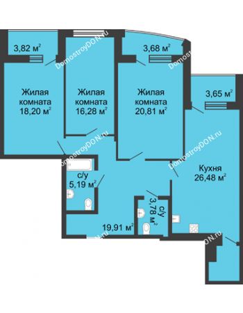 3 комнатная квартира 124,81 м² в ЖК Тихий Дон, дом № 2