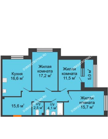 3 комнатная квартира 85,7 м² в ЖК Цветы 2, дом № 7