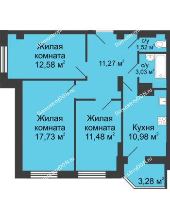 3 комнатная квартира 70,23 м² в ЖК Сердце Ростова, дом Этап II