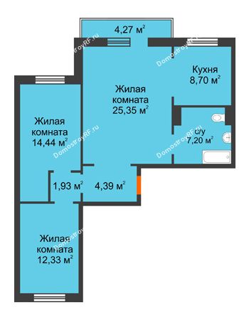 3 комнатная квартира 75,62 м² в ЖК Плодово-Ягодный, дом № 1