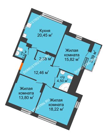 3 комнатная квартира 93,74 м² в ЖК Книги, дом № 2
