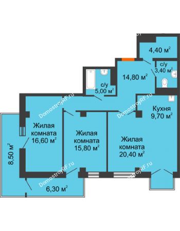 3 комнатная квартира 95,2 м² в ЖК Взлетная 7, дом 1-2 корпус