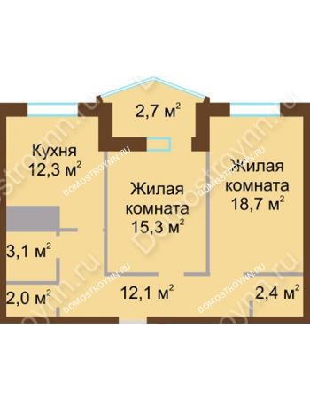 2 комнатная квартира 68,6 м² в ЖК Монолит, дом № 89, корп. 1, 2