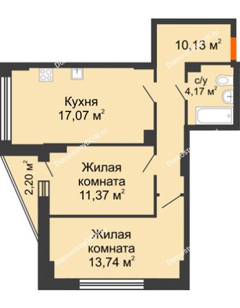 2 комнатная квартира 57,58 м² в ЖК Рубин, дом Литер 1