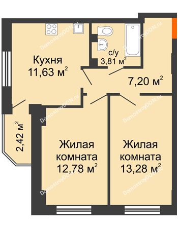 2 комнатная квартира 49,91 м² в ЖК Свобода, дом №2