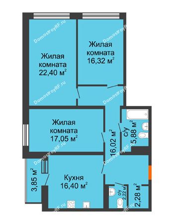 3 комнатная квартира 100,19 м² в ЖК Бунин, дом 1 этап, секции 11,12,13,14