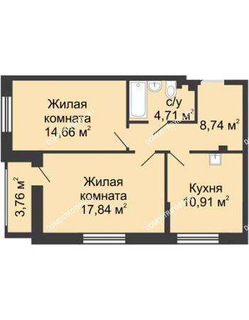 2 комнатная квартира 58,5 м² - ЖД по Южному шоссе