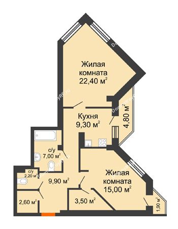 2 комнатная квартира 76,9 м² в ЖК Архиерейская роща, дом № 54б