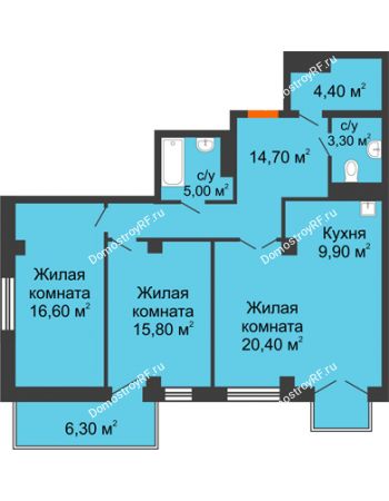 3 комнатная квартира 92,6 м² в ЖК Взлетная 7, дом 1-2 корпус