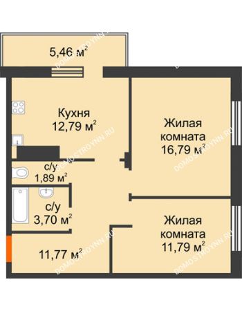 2 комнатная квартира 60,86 м² в ЖК Циолковский, дом № 2