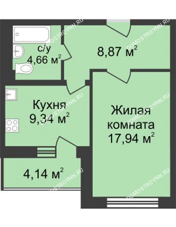 1 комнатная квартира 42,88 м² в ЖК Планетарий, дом № 6