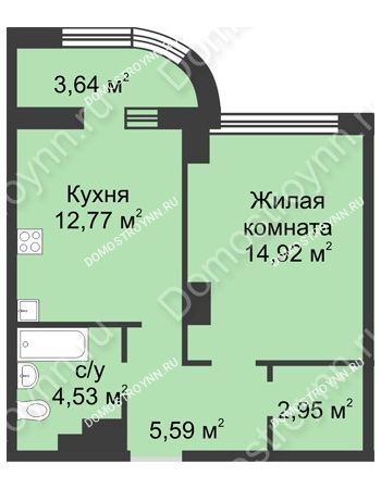 1 комнатная квартира 42,58 м² в ЖК Караваиха, дом № 5