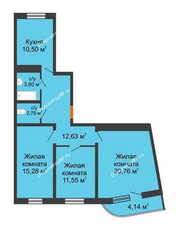 3 комнатная квартира 81,22 м² в ЖК Фонтаны, дом Литер 12