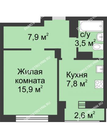 1 комнатная квартира 36,5 м² в ЖК Аквамарин, дом №2