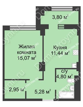1 комнатная квартира 41,44 м² в ЖК Караваиха, дом № 5