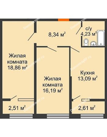 2 комнатная квартира 63,26 м² в ЖК Сердце, дом № 1