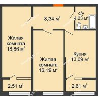 2 комнатная квартира 63,26 м² в ЖК Сердце, дом № 1 - планировка