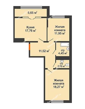 2 комнатная квартира 68,2 м² в ЖК Сердце, дом № 1